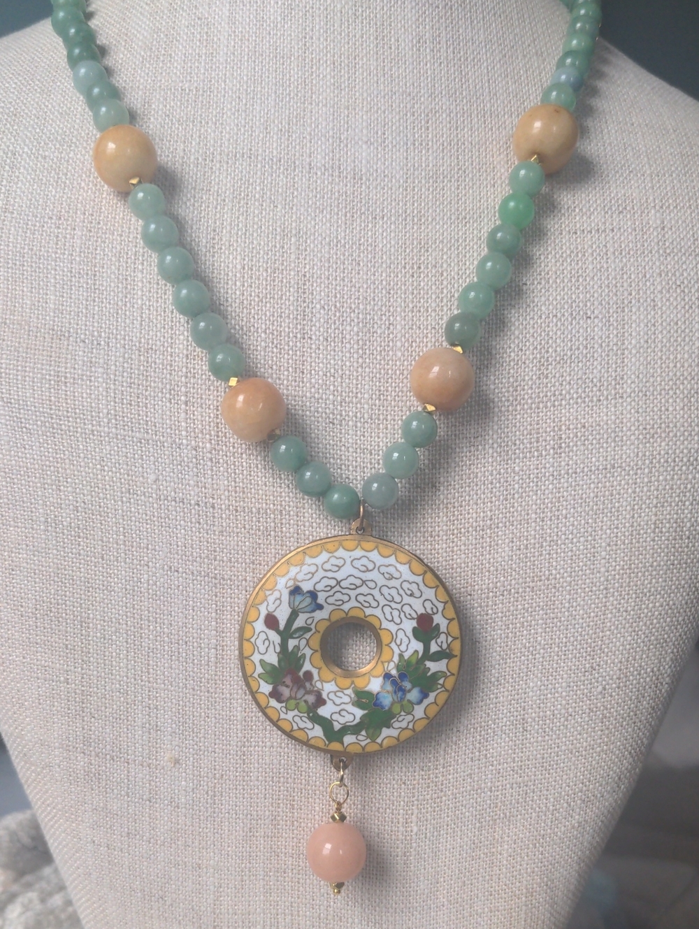 Green & Gold Peach Jade Beaded Pendant Necklace,  Floral Cloisonné Disc, Genuine